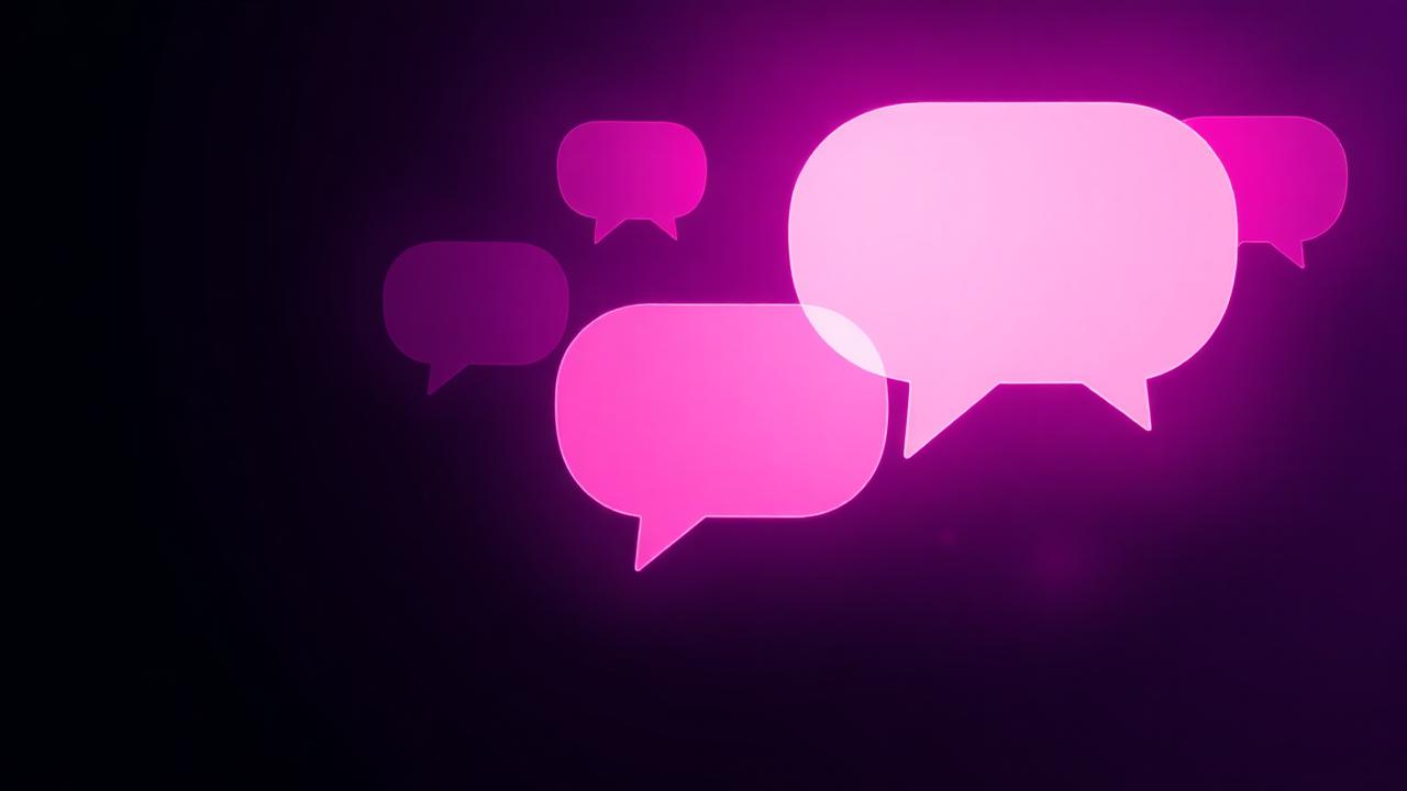 Glowing purple chat bubble silhouettes on a deep violet background.