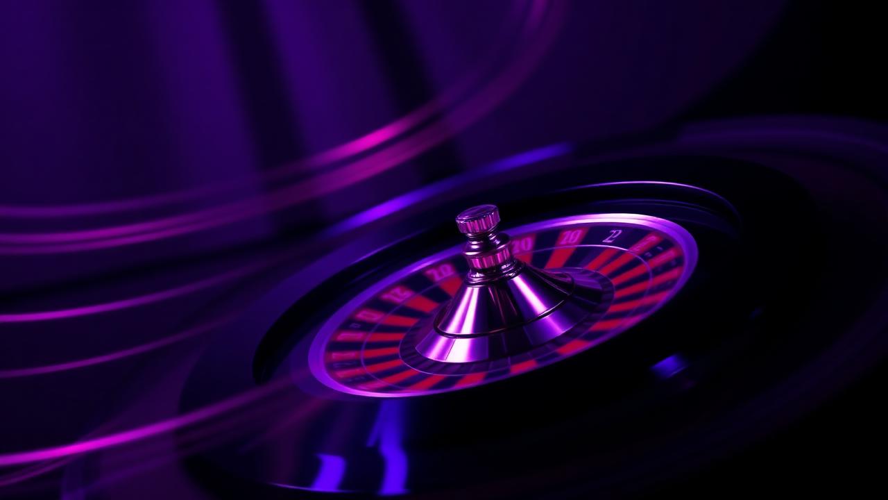 Spinning purple roulette wheel with motion blur on a dark casino background.
