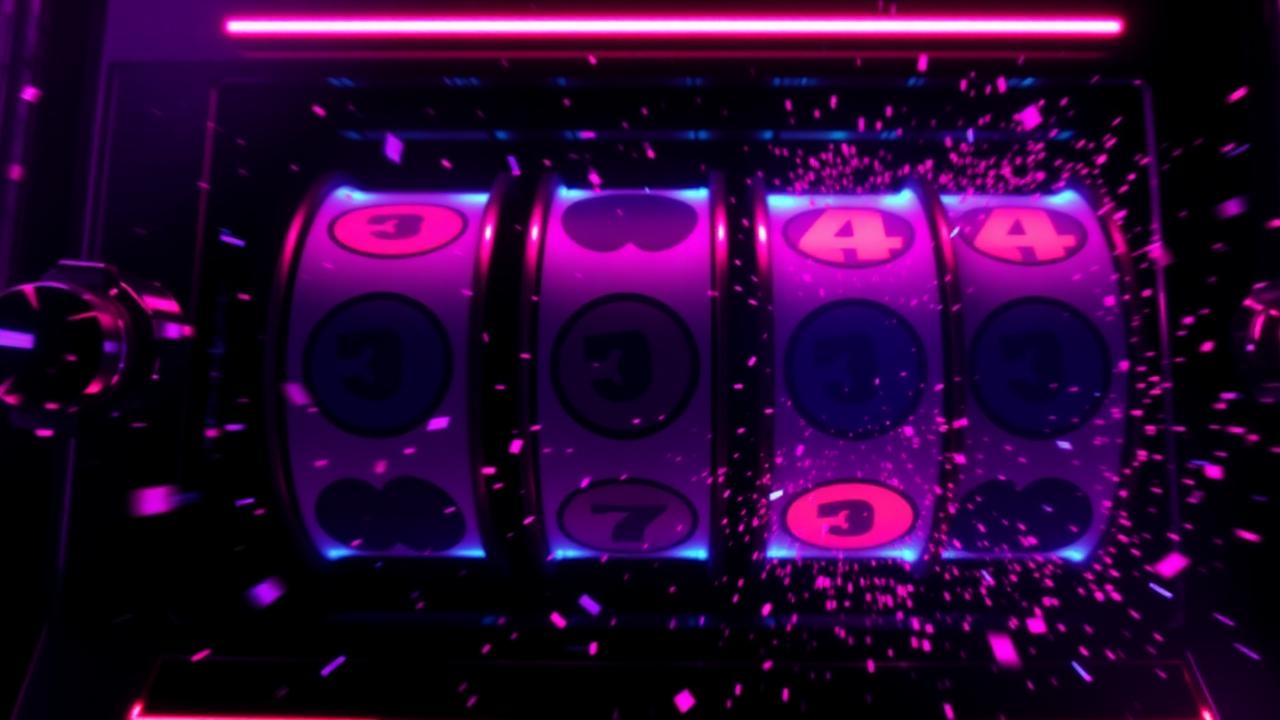 Glowing purple slot machine reels exploding into particles.