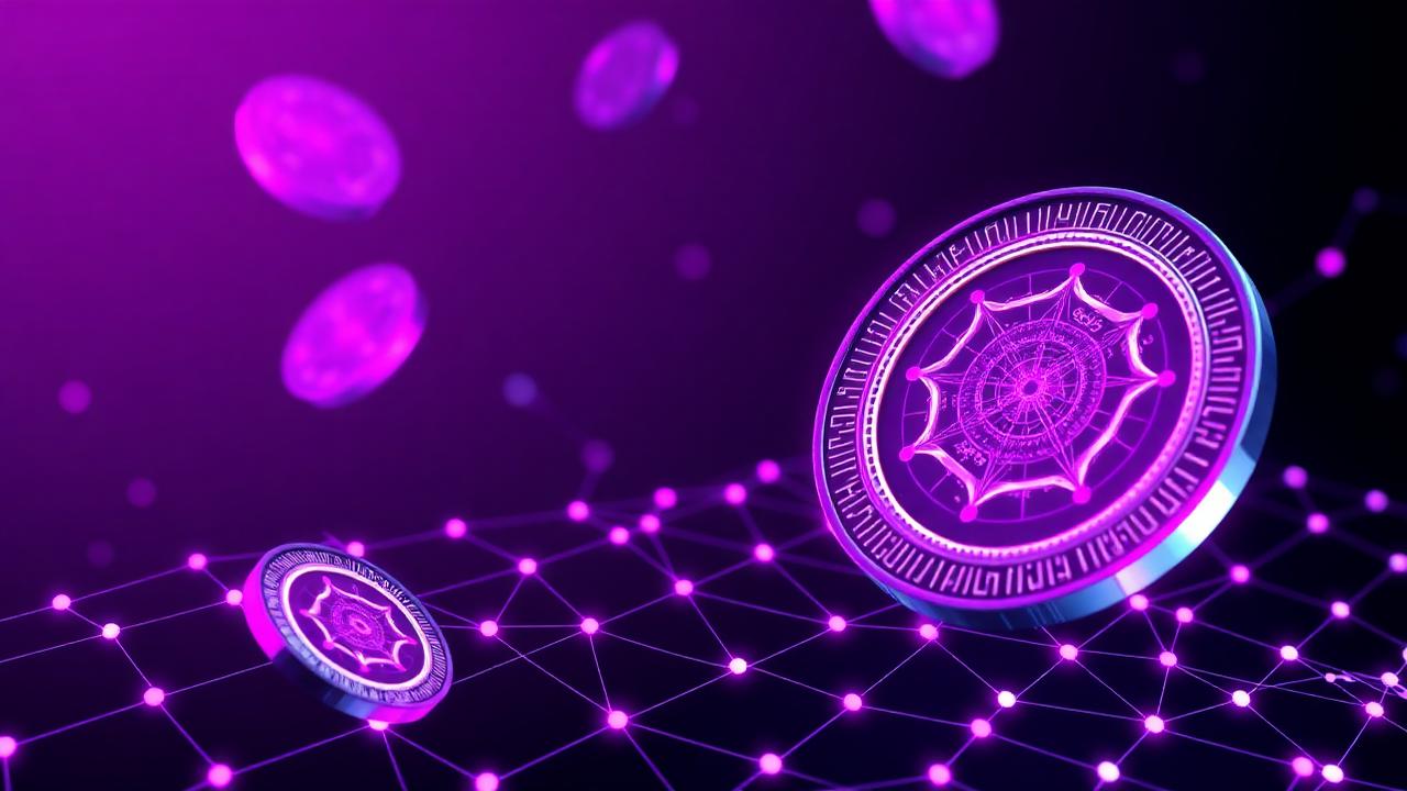 Glowing purple cryptocurrency coins on a blockchain network grid.