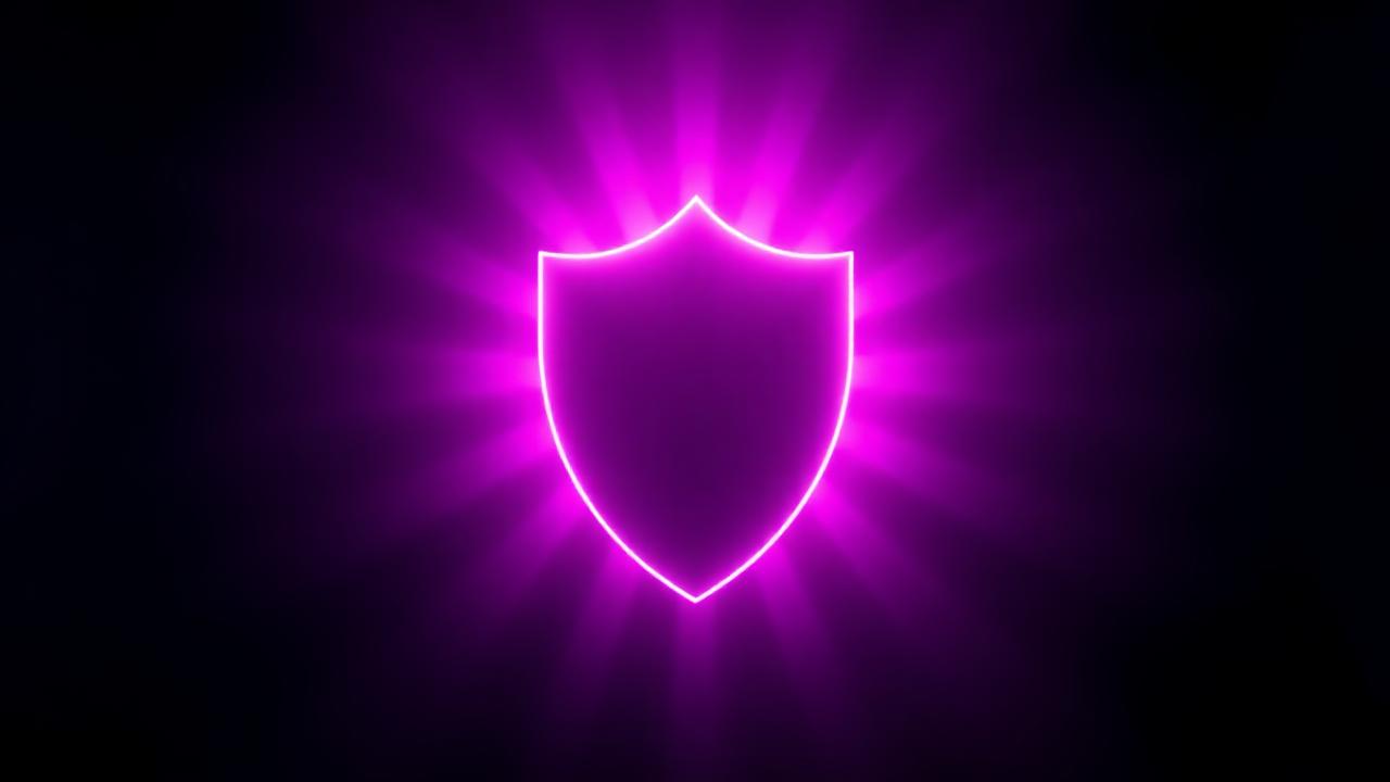 Glowing purple shield silhouette with magenta light rays.