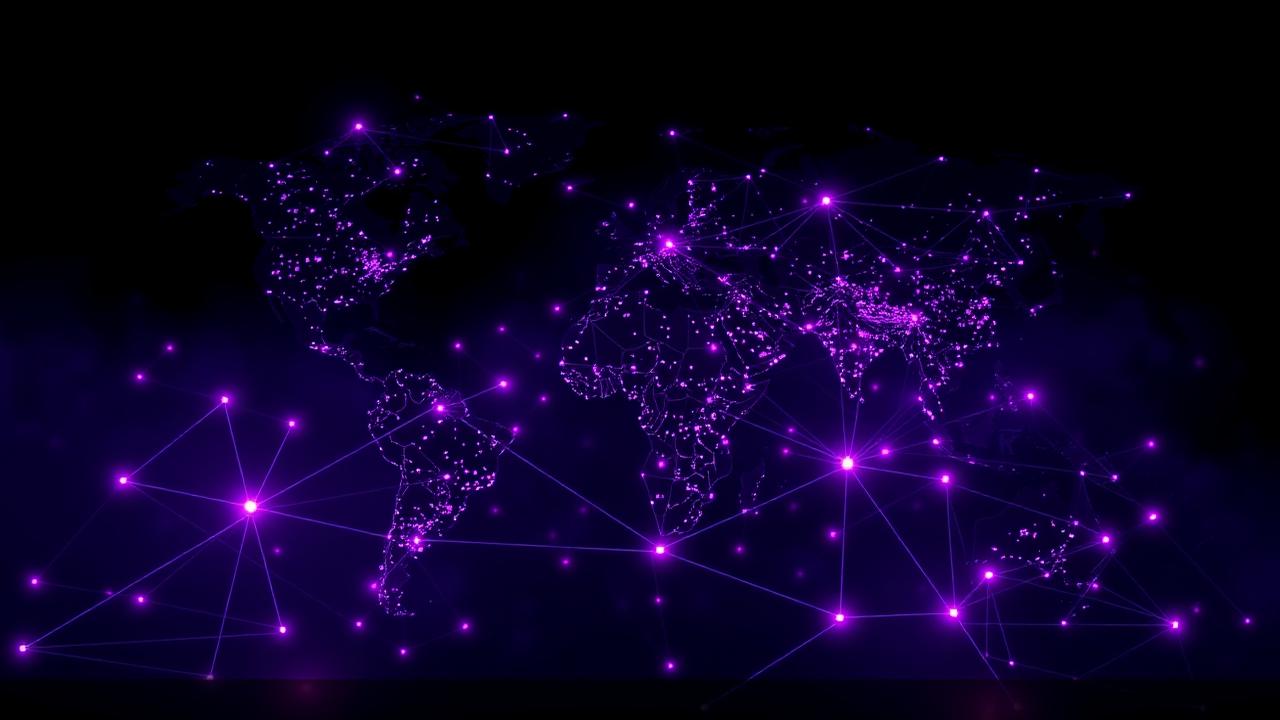 Global network of glowing purple lights connecting continents.